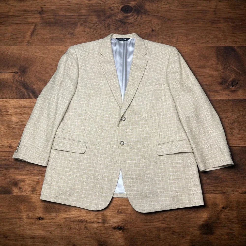 Jos A Bank Tan Windowpane Linen Cotton Blazer Sport Coat Mens 48R 2 Button Tan